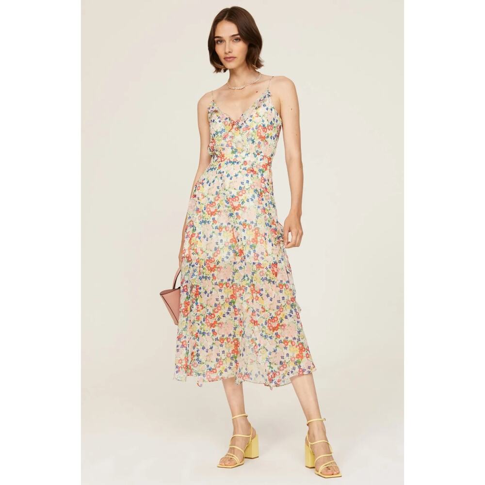 SALONI Floral Print Day Rosette Ayla-B Ruffle Silk Midi Dress , Sz US 6, Rt $550